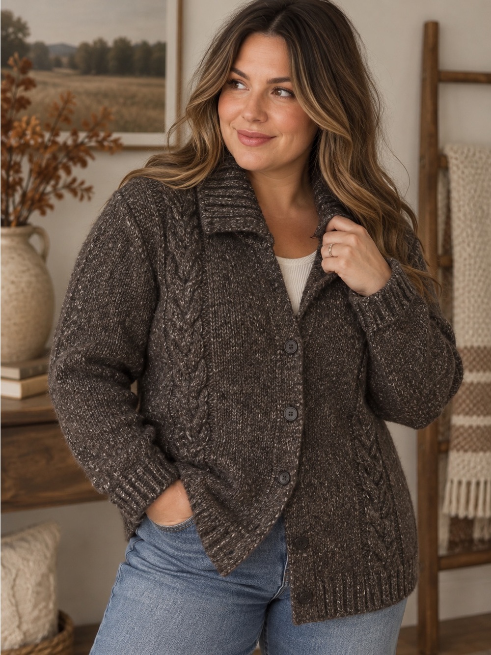 L.L.Bean Brown Heather Cable Knit Wool Blend Cardigan Shawl Collar
